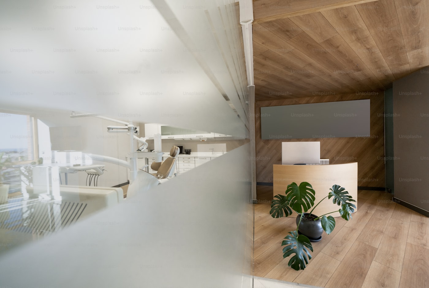 Interior moderno e acolhedor da recepção da Vitta Odontologia, com madeira clara e plantas